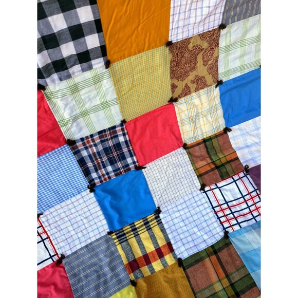 Vintage 50's Quilt From Mens Shirts Fabric Patchwork Tied 68x79" - Picture 11 of 16
